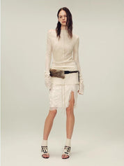 Wool blended texture velvet jacquard oblique shoulder knitted bottoming shirt for women in autumn "Morning Mist White"