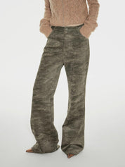 "Green Camouflage"Fashionable and versatile camouflage print chenille suede slim bootcut casual pants