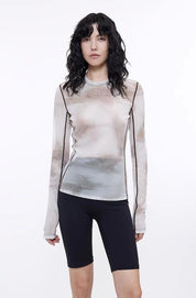 Smudge-printed mesh slightly see-through long-sleeved T-shirt for women