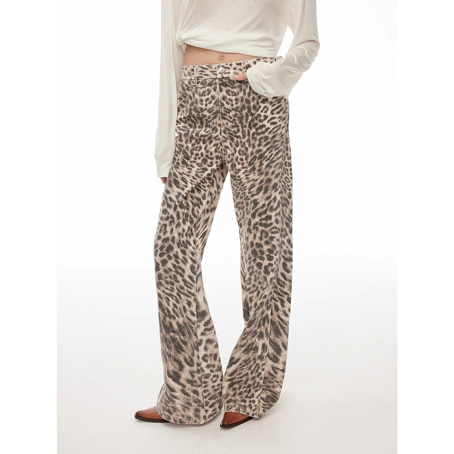“Wild roar”vintage original leopard print Turkish imported washed slimming straight-leg bootcut jeans