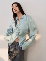 "Mercerized Spring Shadow" Acetate Shirt Women's Hollow String Pleated Slimming Long Sleeve Shirt