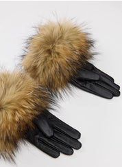 Women's Vintage Raccoon Fur Lightly Coated Genuine Leather Fur Gloves Winter