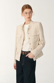 Heavy wool blend tweed stand collar waist cropped coat