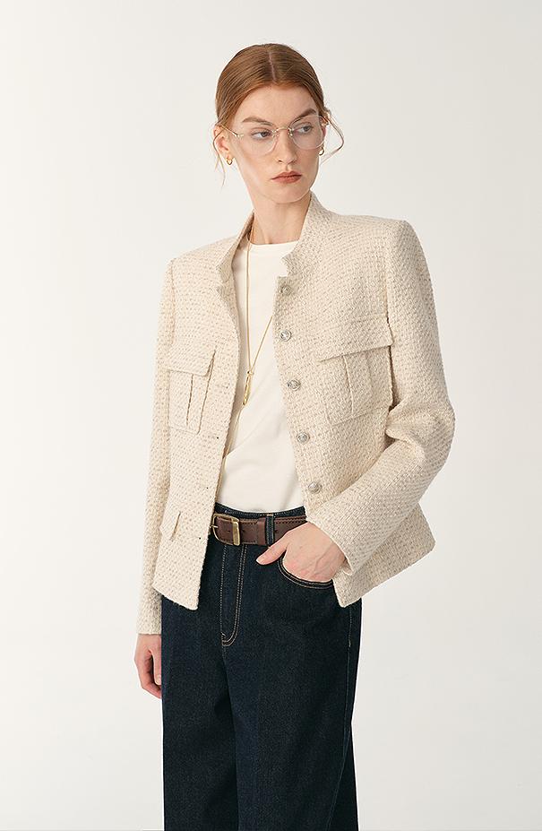 Heavy wool blend tweed stand collar waist cropped coat