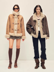 Firelady Fur Women's Shearling Coat | Merino Wool & Curly Toca Trim, Imported Two-Tone Plush Shawl Collar“Galaxy Gala”