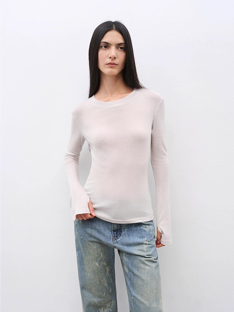 Women's Glove cuffs white sweater loose slightly flared long sleeve O-neck Slim Fit basic T-shirt，"urban simplicity"