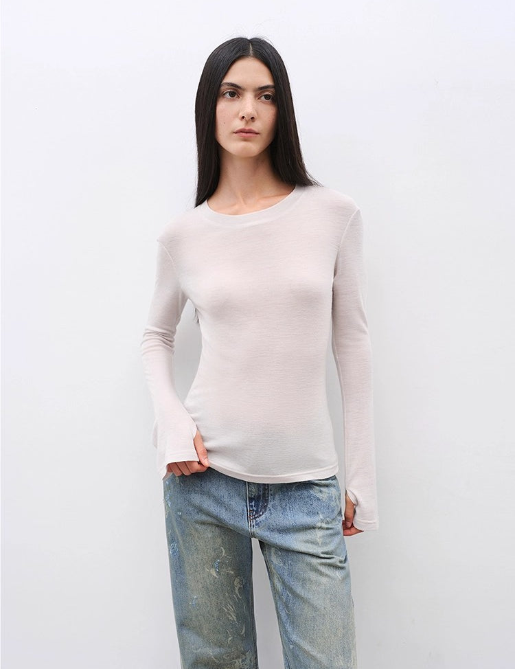 Women's Glove cuffs white sweater loose slightly flared long sleeve O-neck Slim Fit basic T-shirt，"urban simplicity"