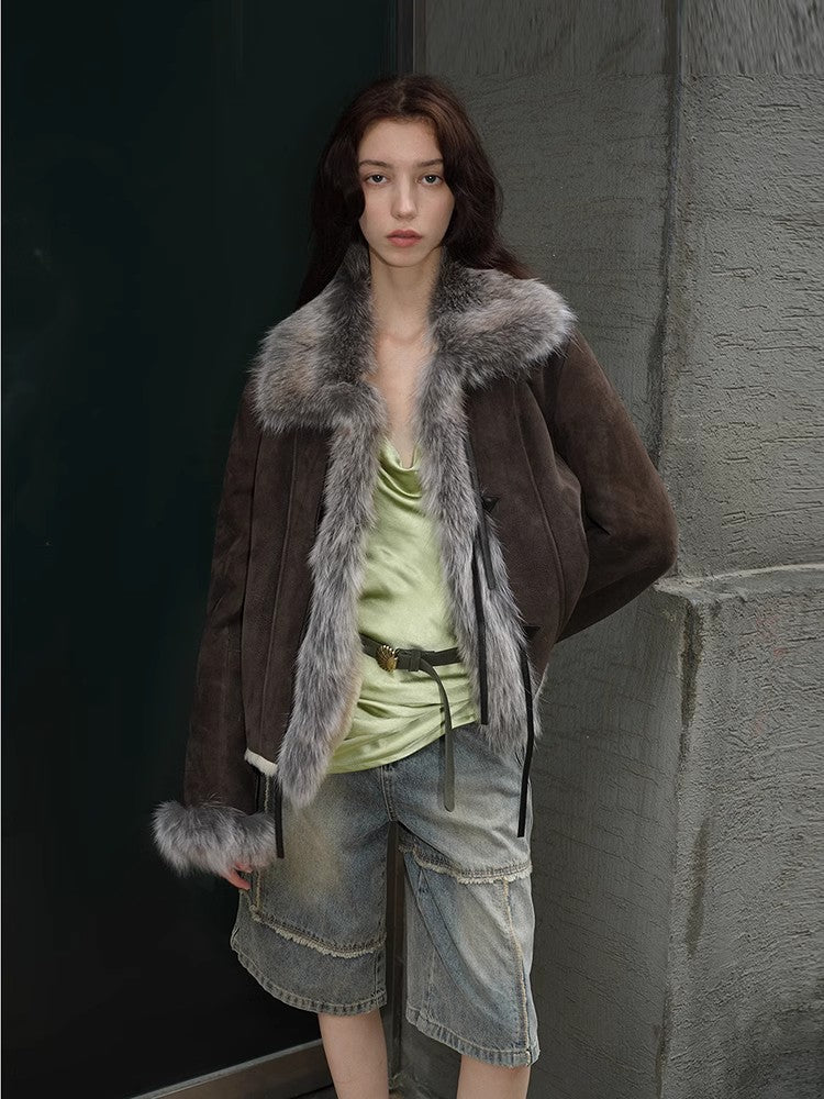 Florence Retro Layered Spliced Fox Fur Collar Short Jacket Winter