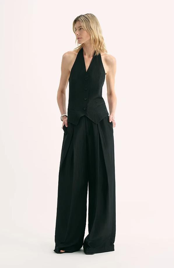 Silk Linen Pleated Wide Leg A-Line Trousers Casual Pants