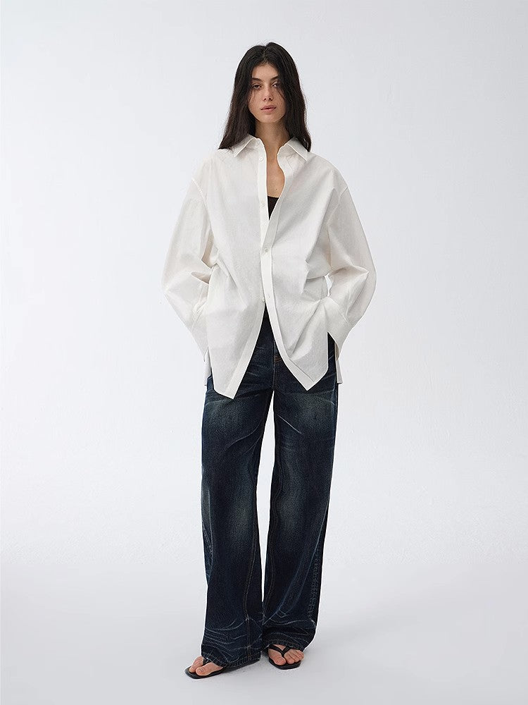Loose casual standing straight silhouette deconstructed waist shirt “Moonlight Vermilion”