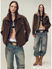 Firelady Fur Women's genuine Fur Denim Parka | Detachable Fur Collar & 90% White Goose Down Fill“Wander Free”