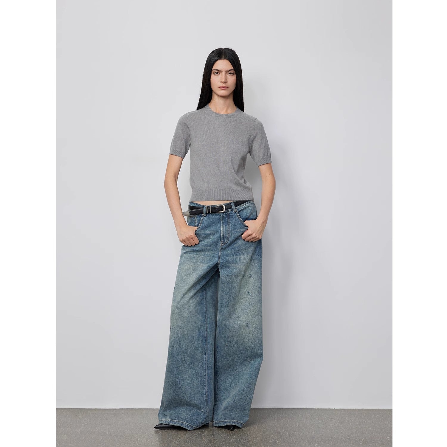 "90 Street" Retro Washed Distressed Straight Leg Wide Leg Low Crotch Jeans Women's Loose Pants