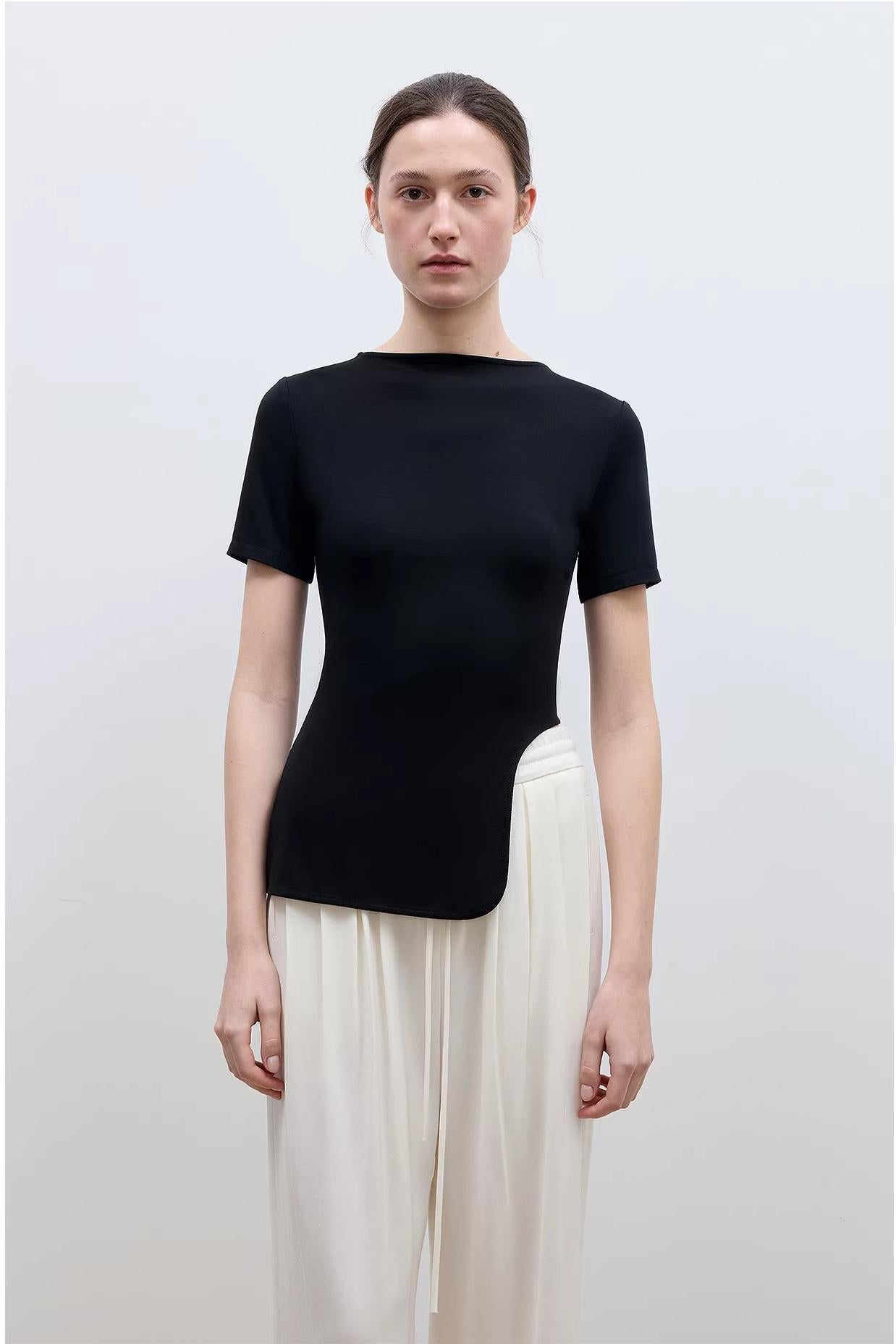 Letrans Women's Asymmetrical Hem T-Shirt - Short Sleeve Top “Architectural Principles”