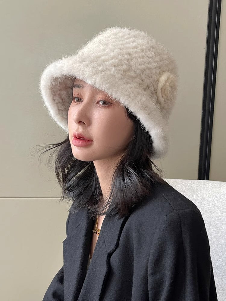 Mink Woven Fur Hat Women's Camellia Flower Bucket Hat