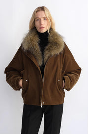 Custom-woven flocked denim, detachable raccoon fur collar, 90% white goose down jacket, loose parka for women