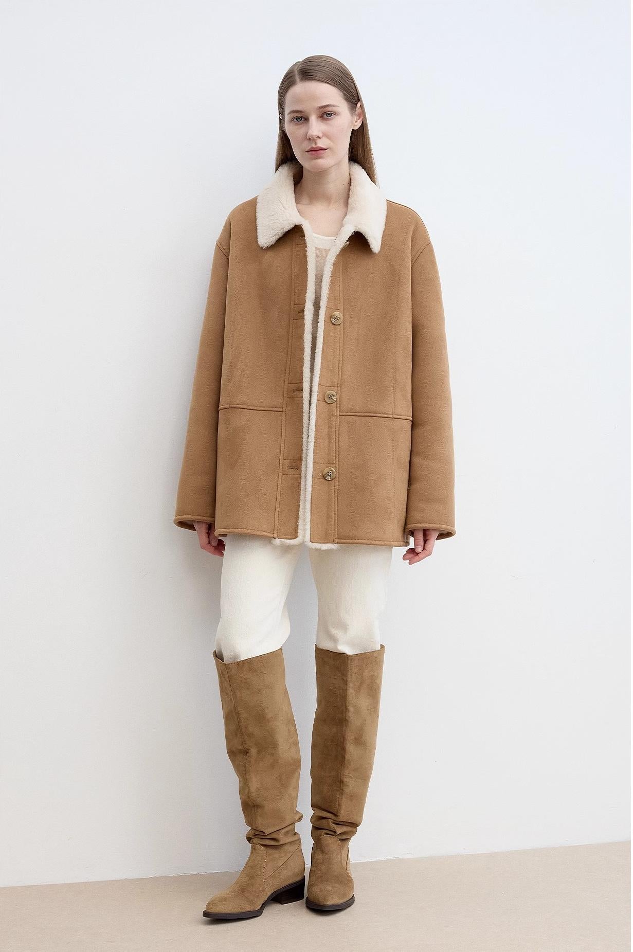 “Vintage Manor”High Quality Wool Contrast Lapel Reversible Artificial Compound Suede Shearling jacket