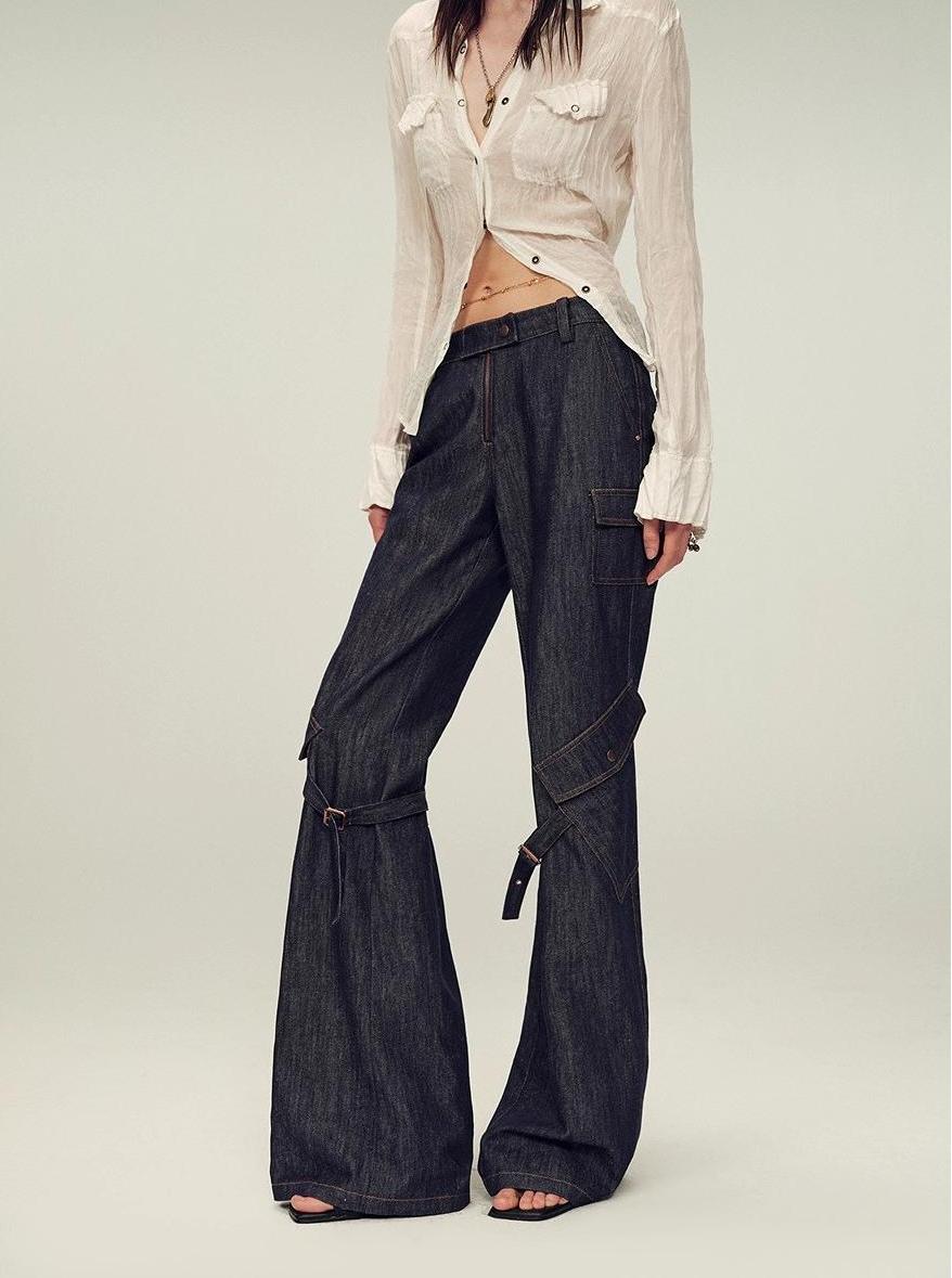 Retro-chic tri-color, low-rise, drapey, slim-fitting, bootcut straight-leg casual pants "Street Style"