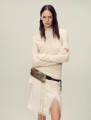 Wool blended texture velvet jacquard oblique shoulder knitted bottoming shirt for women in autumn "Morning Mist White"