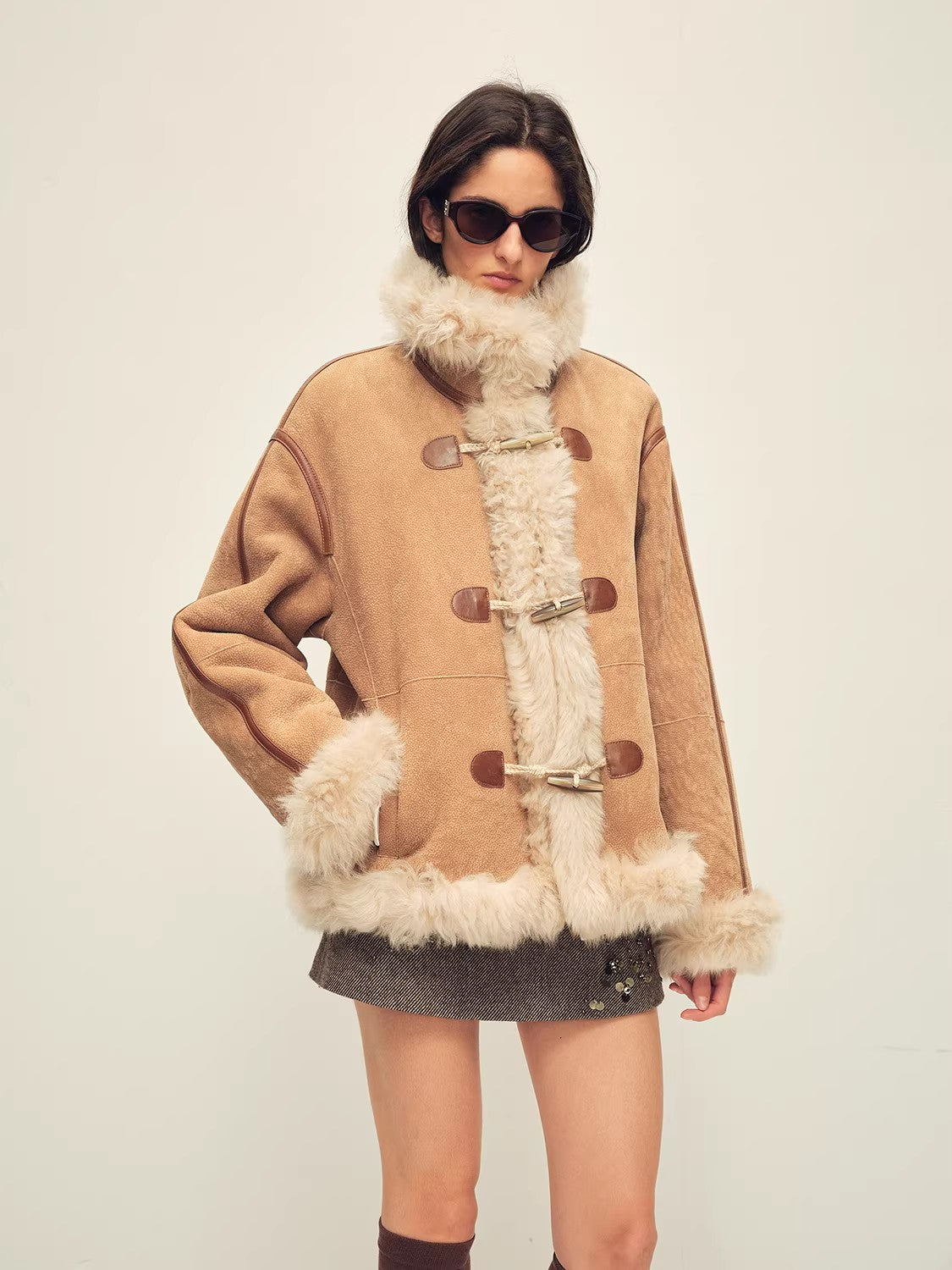 Firelady Fur Women's Shearling Coat | Merino Wool & Curly Toca Trim, Imported Two-Tone Plush Shawl Collar“Galaxy Gala”