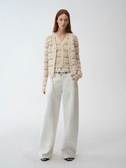 "Nice Weekend" striped mixed woven V-neck early spring layered knitted cardigan top