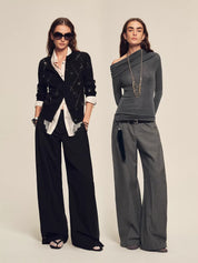 Firelady Fur Textured Fine Wool Four-Button Wide-Leg Trousers"Urban Film ”