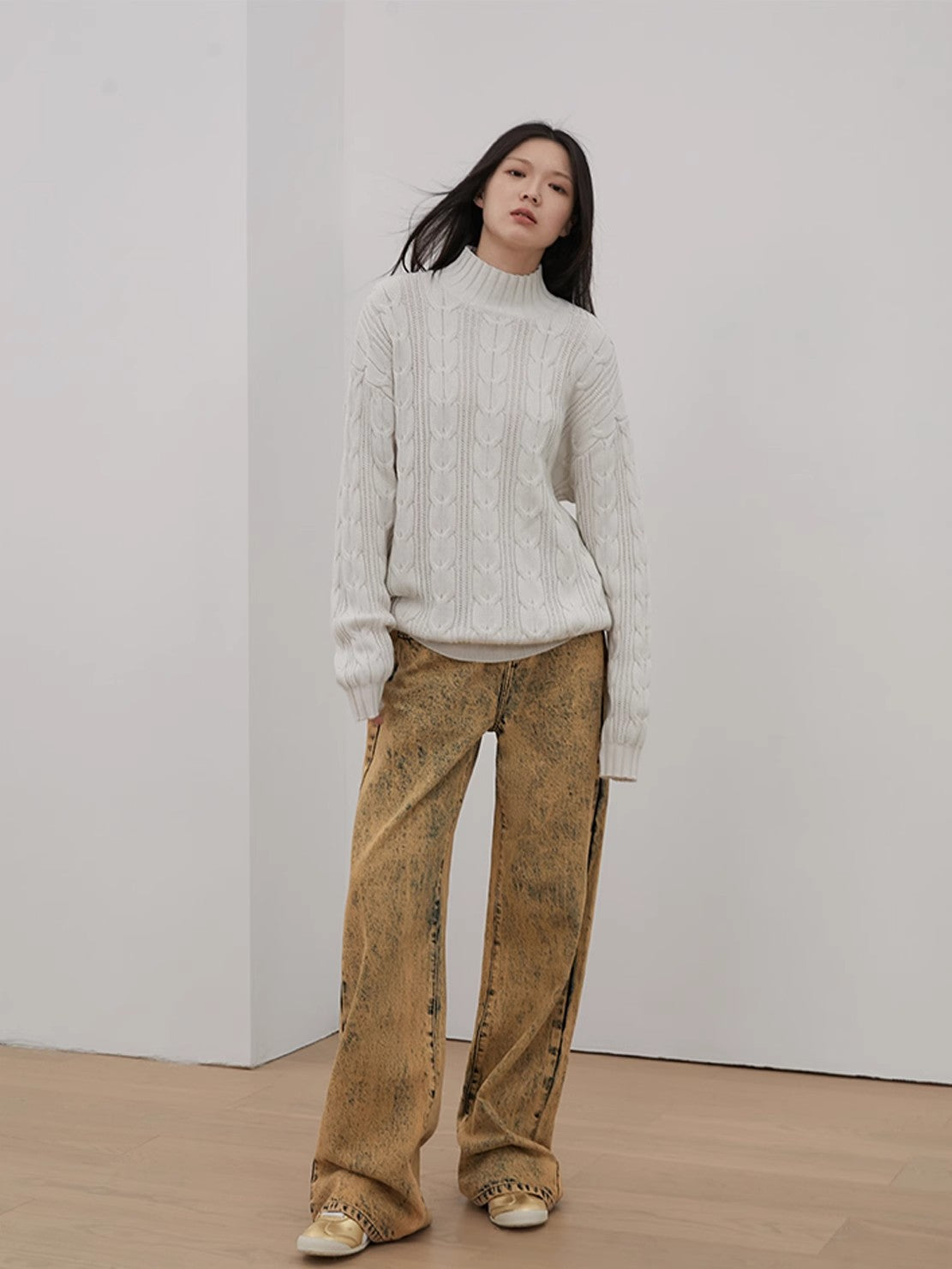Women’s Merino Wool Twisted Oversized Sweaters Turtleneck Long Sleeve Top，“Autumn Moon Star Sea”