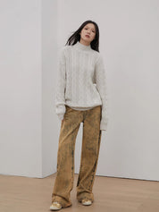 Women’s Merino Wool Twisted Oversized Sweaters Turtleneck Long Sleeve Top，“Autumn Moon Star Sea”