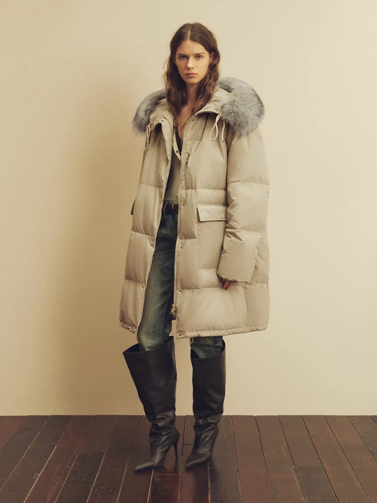 Firelady Fur Women's Down Parka with Detachable Fox Fur Collar & 90% Goose Down "Blue Winter Style"