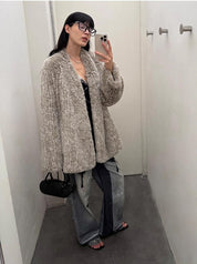 Loose-fitting two-tone gradient-dyed long woven Rex rabbit fur coat "Artistic Weaving"
