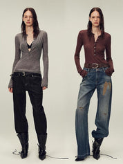 Ultrafine water-soluble wool blended versatile V-neck cardigan long-sleeved knitted top "Warm Brown Quiet Autumn"