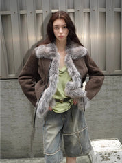 Florence Retro Layered Spliced Fox Fur Collar Short Jacket Winter