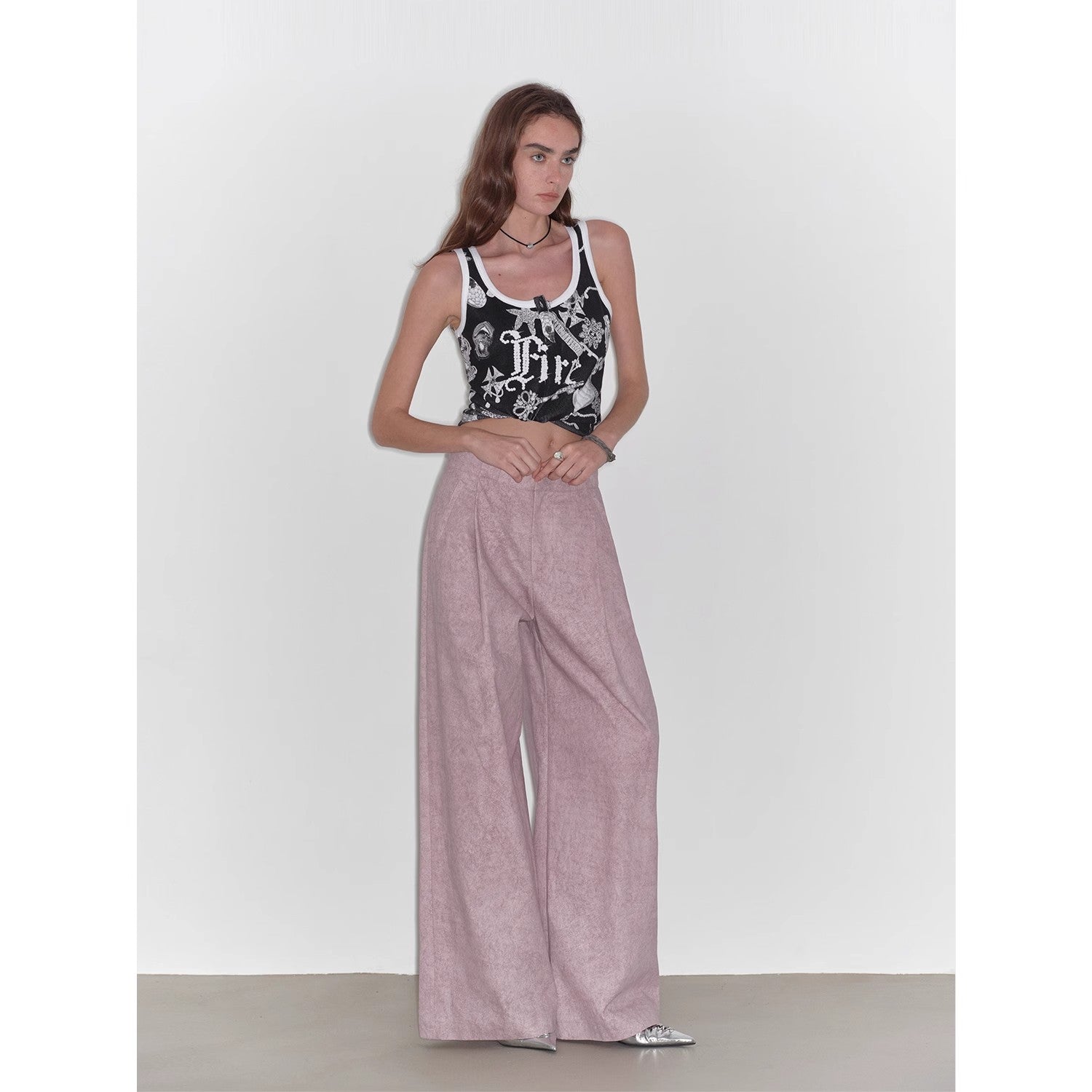 "Light and Shadow Walking" Retro Fashionable Dirty Printed Reverse-Fold Mid-Low-Waist Double-pleat Straight-leg Wide-Leg Casual Pants