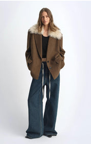 "Vertical Texture" Wool Tweed Coat Detachable Fur Collar Suit Parker