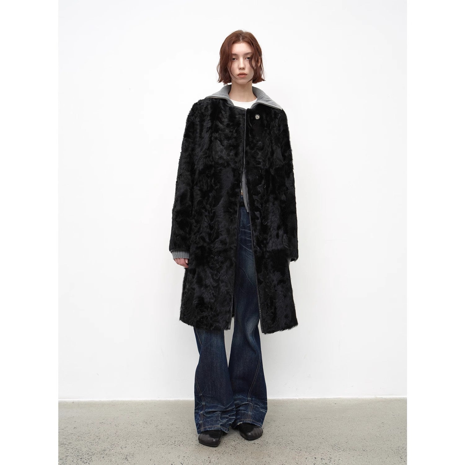 "Roman Theater" sheepskin fur one-piece long round neck straight fur coat for women winter