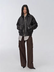 "New York International Student" Retro and fashionable imported waxed sheepskin leather bomber jacket