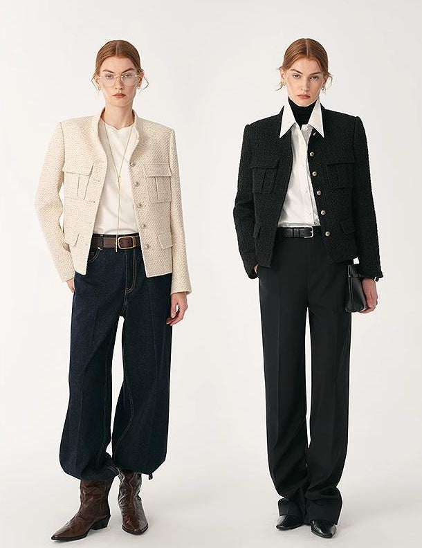 Heavy wool blend tweed stand collar waist cropped coat