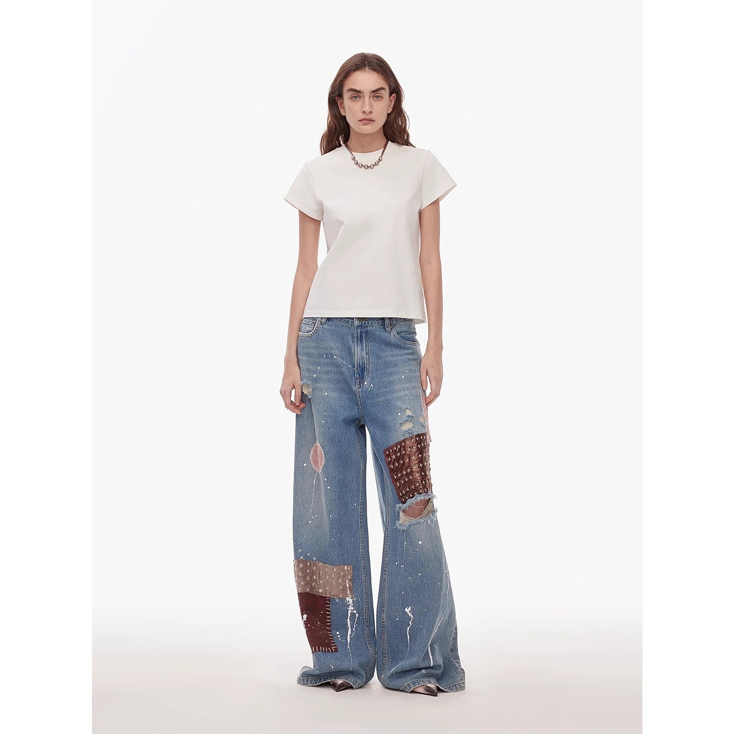 "Uninhibited splicing" retro design mid-low waist washed ripped hole splattered paint cloth patch wide-leg jeans