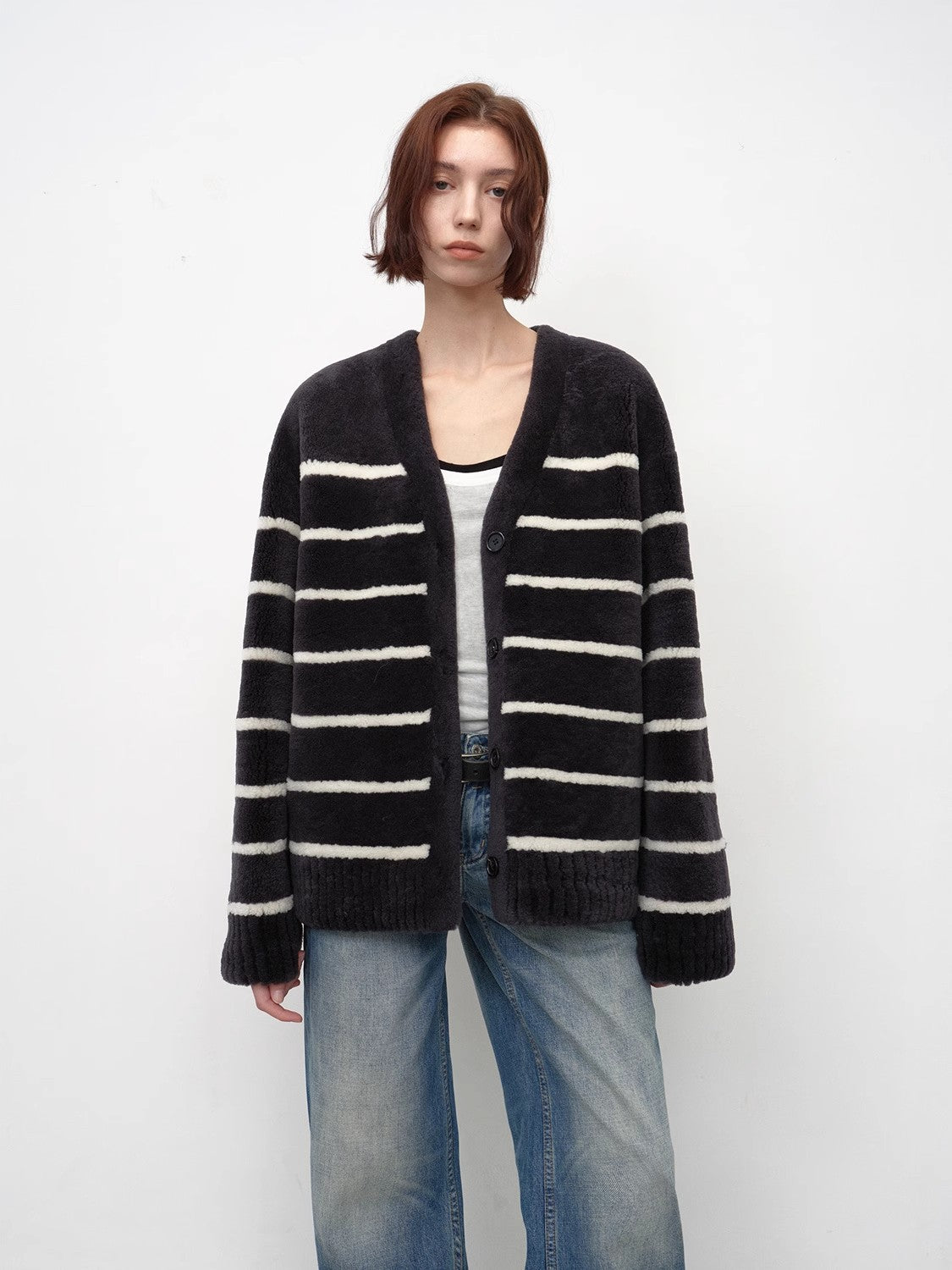 Vitality Girl Classic Simple Versatile Striped Splicing V-neck Drop Shoulder Merino Sheepskin Coat