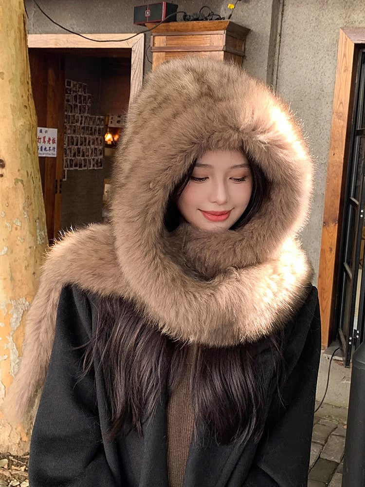 Fox Fur Hat Scarf Snow Hat Women Autumn Winter Warm High-end Double-sided Thickened Plush Earmuff Hat