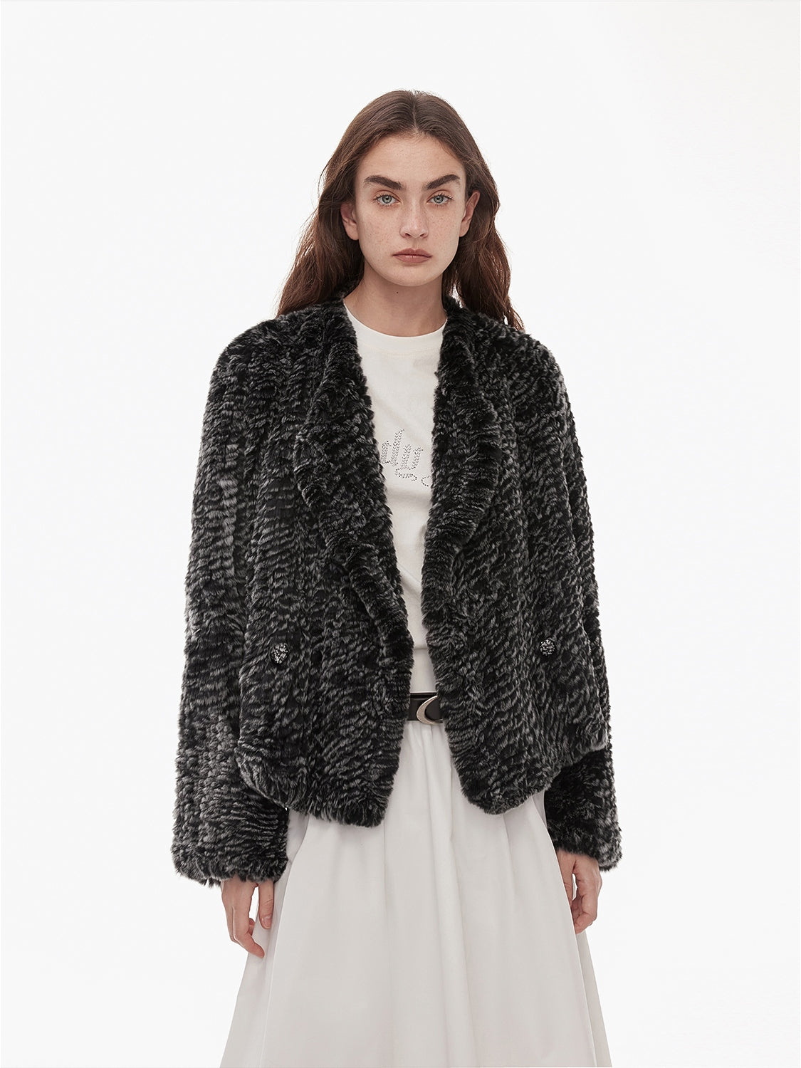 "Inspiration Glimpse" lapel double-breasted loose woven Rex rabbit fur coat for women in winter