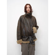 "London Street"Motorcycle Style Lapel Imported Merino Fur One-piece Fur Jacket Winter