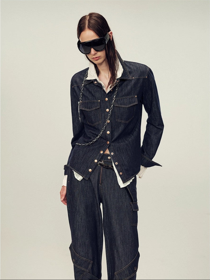 Vintage raw cotton and linen custom red copper rivet lapel pleated waist slim shirt "Daydream Blue"