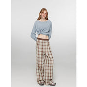 "Patchwork Street Corner" Dyed Retro Plaid Casual Pants for Women, Elastic Waist, Straight-Leg, Wide-Leg Long Trousers