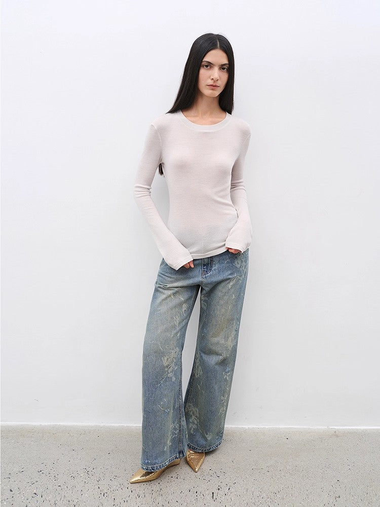 Women's Glove cuffs white sweater loose slightly flared long sleeve O-neck Slim Fit basic T-shirt，"urban simplicity"