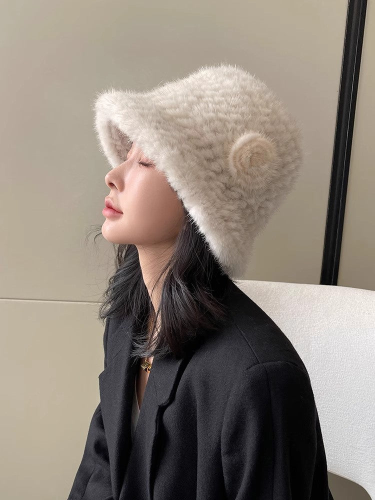 Mink Woven Fur Hat Women's Camellia Flower Bucket Hat