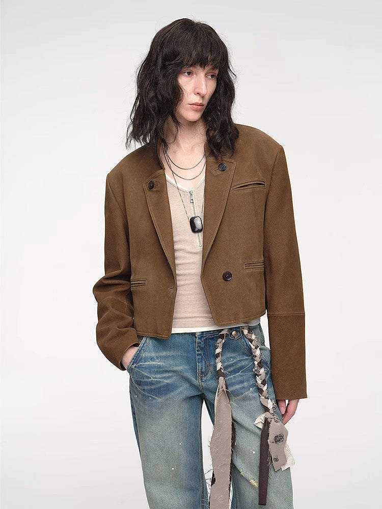 "Roman Story" Stand Collar Suit Sheepskin Leather Short Jacket