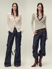Retro-chic tri-color, low-rise, drapey, slim-fitting, bootcut straight-leg casual pants "Street Style"