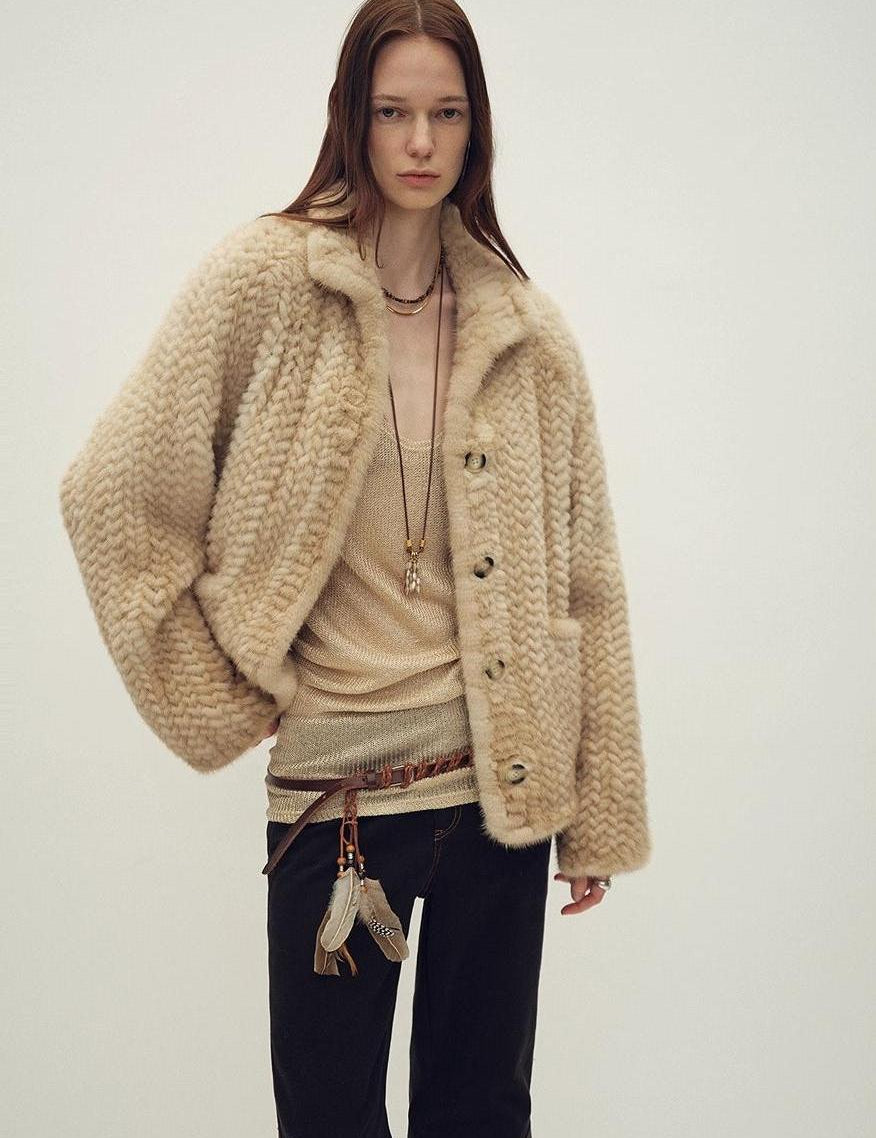 Imported velvet stand-up lapel hand-woven mink fur coat "Hokkaido Dreamweaver"