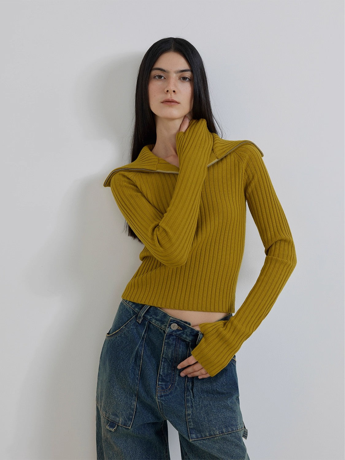 Merino wool stretch ribbed zip-up sweater "Fallen Leaf Street"