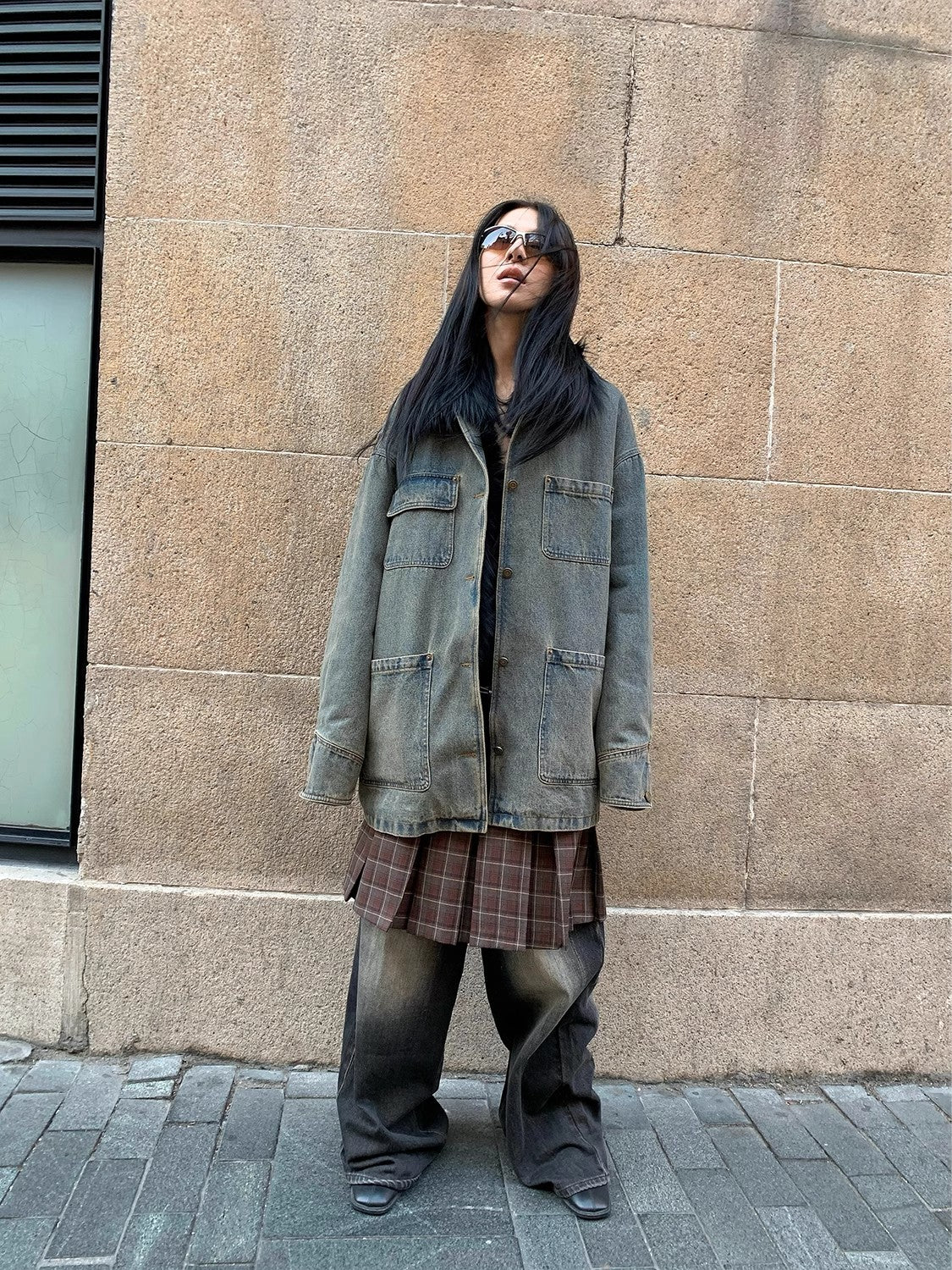 "Kuila" workwear denim fox fur lining detachable parka coat